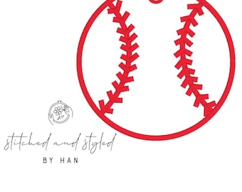 May include: A red baseball design with a stitched pattern, featuring a small hole at the top for hanging. The words "stitched and styled by Han" are written in a script font below the baseball graphic.