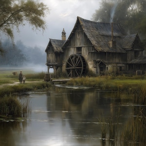 Rustic Water Mill Canvas Print, Misty Lake Landscape, Peaceful Country Painting, Farmhouse Wall Art, Large Living Room Decor