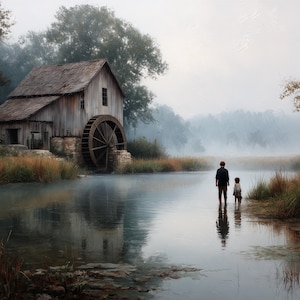 Rustic Water Mill Canvas Print, Misty Lake Landscape, Peaceful Country Painting, Farmhouse Wall Art, Large Living Room Decor