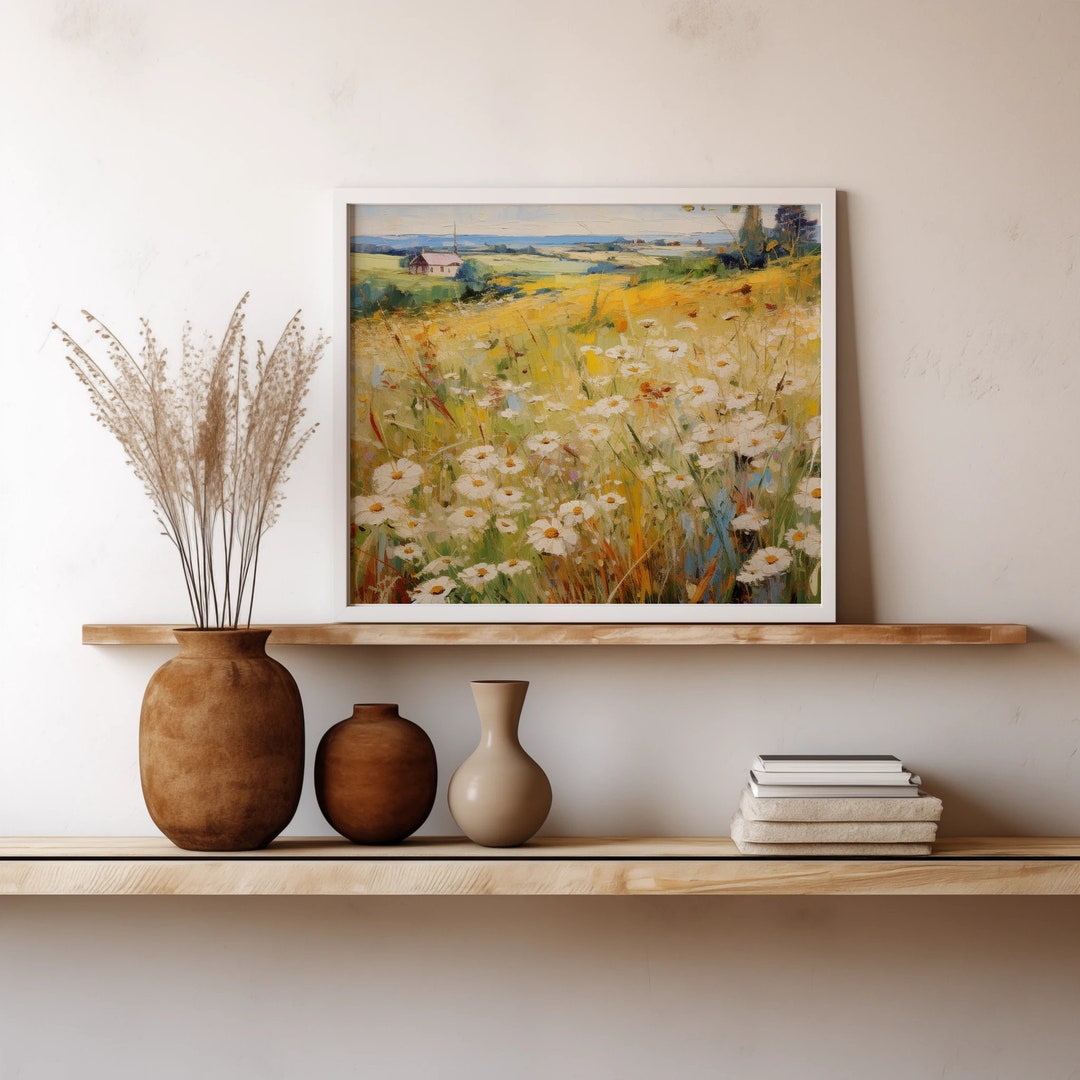 Printable Wildflower Field Barn Landscape Oil Painting, Vintage ...