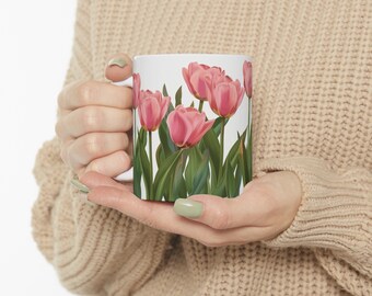 Pink Tulip Ceramic Mug, (11oz, 15oz)