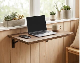Wall Mounted Floating Desk Foldable Space Saving Laptop Table for Home Office Small Apartment Minimalist Wooden Hanging Study Workstation