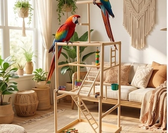 Large Parrot Playground Beech Wood Perch，Natural Wooden Bird Play Stand，Climbing Grinding Perch for Big Parrots，Cage Accessory，Safe Chew Toy