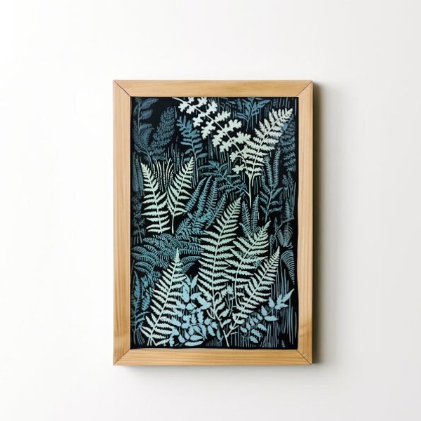 Ferns Woodblock Print Botanical Art Minimalist Art Pacific Northwest art digital download Boho Art  Washington state digital art