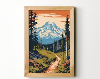 Mount Rainier Print Digital Art Print PNW Woodblock Print Fine Art Mt. Rainier Print Pacific Northwest Washington State