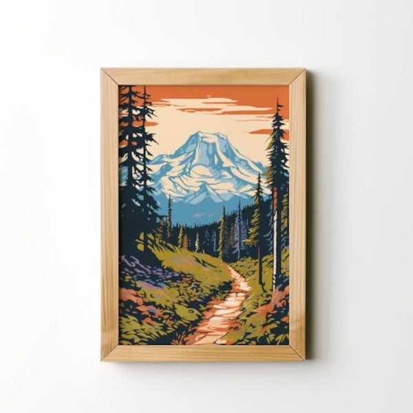 Mount Rainier Print Digital Art Print PNW Woodblock Print Fine Art Mt. Rainier Print Pacific Northwest Washington State