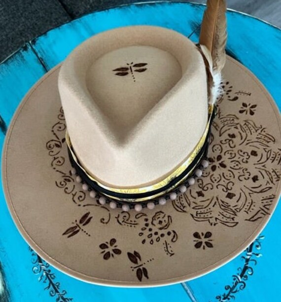 custom burned felt hats, hand made, one of a kind Custom Hand Burned Hat | Hand Burned Wide Brim Hat | Custom  main image 3