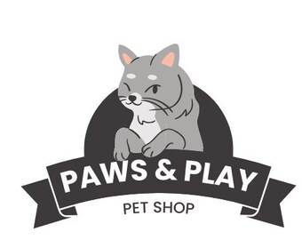 May include: A black and white logo for a pet shop called "Paws & Play Pet Shop". A cartoon gray cat with pink ears is peeking over a black circle. The cat has a white patch on its chest and a mischievous expression.
