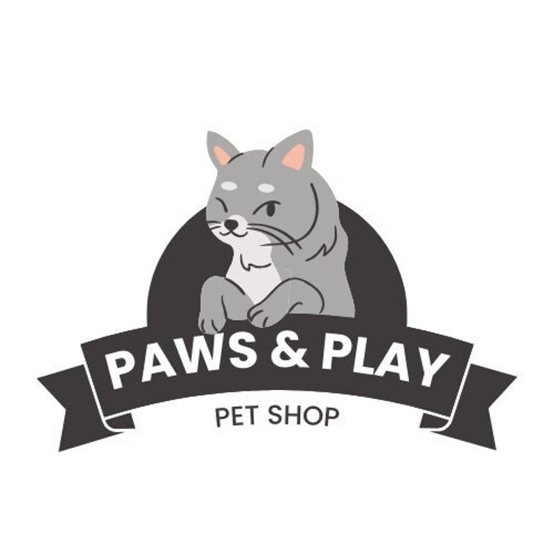 May include: A black and white logo for a pet shop called "Paws & Play Pet Shop". A cartoon grey cat with pink ears is peeking over a black circle. The cat has a white patch on its chest and a mischievous expression.