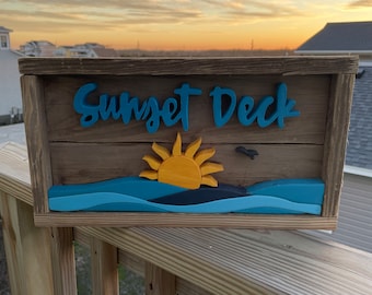 Indoor sign, wall decor, weathered wood, wall hanging, customizable, sunset, deck sign