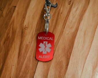 Laser Engraved Red Aluminum Medical Alert Keychain Tag with Home Alone Indicator
