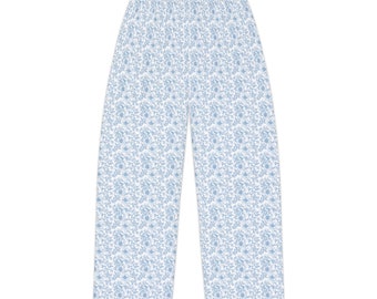 Blå Toile-pyjamasbyxor: Blommig loungekläder för kvinnor