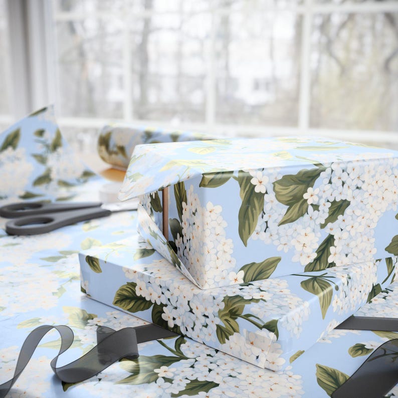 White Hydrangea Wrapping Paper Preppy Gift Wrap Vintage Wrapping Paper for Holidays Floral Gift Wrap Bachelorette Gift Wrap image 2