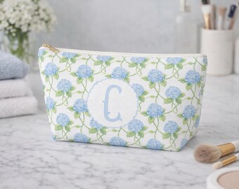 Blue Hydrangea Monogram Accessory Pouch | T-Bottom