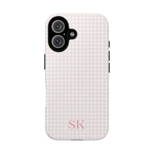 Monogram Pink Gingham iPhone Case, Preppy Phone Case