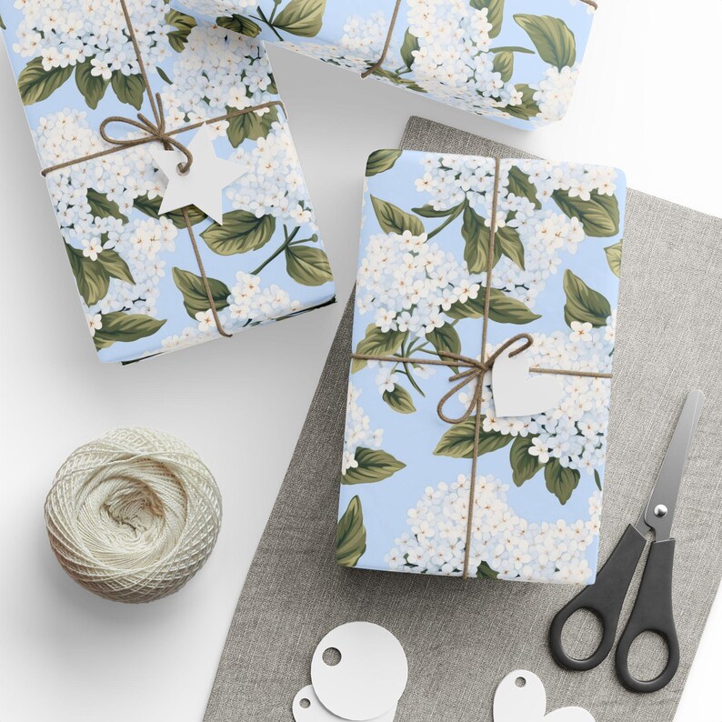 White Hydrangea Wrapping Paper Preppy Gift Wrap Vintage Wrapping Paper for Holidays Floral Gift Wrap Bachelorette Gift Wrap image 3