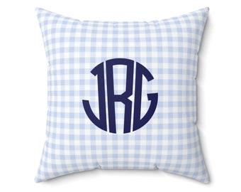 Blue Gingham Monogram Pillow, Personalized Preppy Decor