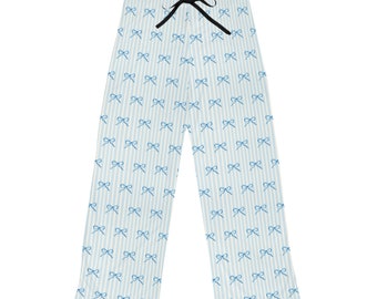 Pantalones de pijama de mujer Blue Bow, pijamas preppy, pijamas de dama de honor, regalo de dama de honor, regalo para dama de honor, regalo para mamá, coqueta