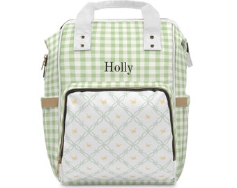 Personalisierter Gingham Windel Rucksack, Leichte Nylon Baby Tasche