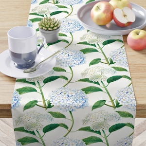 Könnte beinhalten: Weißer Tischläufer mit einem sich wiederholenden Muster aus blauen und weißen Hortensienblüten und grünen Blättern.