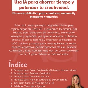 Puede incluir: Un documento digital titulado Pack Prompts con el subtítulo Usa IA para ahorrar tiempo y potenciar tu creatividad. El texto incluye un índice de seis secciones sobre prompts de IA para creación de contenido, contratos y estrategia.