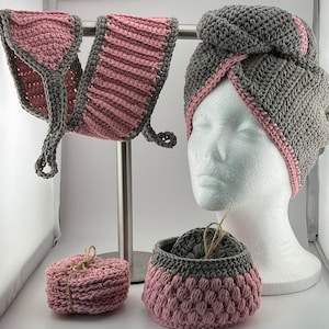 Luxurious Handmade Crochet Cotton Spa Set: Hair Towel, Scrubbies & Basket