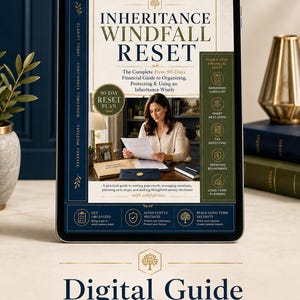 Puede incluir: Una guía digital titulada Inheritance Windfall Reset en una pantalla de tableta. La portada muestra a una persona revisando documentos, un plan de 90 días y una lista de control financiera. El texto incluye: 50-Page PDF First-90-Days Inheritance Guide.