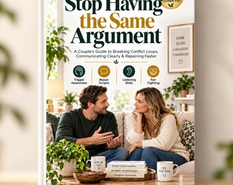Könnte beinhalten: Ein Buch mit dem Titel Stop Having the Same Argument: A Couple's Guide to Breaking Conflict Loops, Communicating Clearly & Repairing Faster. Das Cover zeigt ein Paar auf einem Sofa, mit Symbolen für Trigger-Bewusstsein, Reparatur-Skripte, Zuhörfähigkeiten und fairen Streit.