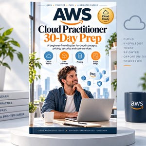 May include: A book titled AWS Cloud Practitioner 30-Day Prep with a cover featuring a person at a laptop, cloud computing icons, and the text Learn, Practice, Pass, A Brighter Career. The book is displayed on a white circular platform with a mug.