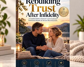 Könnte beinhalten: Ein Buch mit dem Titel Rebuilding Trust After Infidelity: A Guided Path to Honest Conversations, Emotional Repair & Secure Reconnection. Das Cover zeigt ein Paar, das bei Sonnenuntergang zusammensitzt, mit Texten wie Heal, Communicate, Reconnect, Thrive.