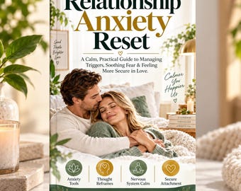 Könnte beinhalten: Ein Buch mit dem Titel Relationship Anxiety Reset, dessen Cover ein Paar zeigt, das sich im Bett umarmt. Der Text lautet: A Calm, Practical Guide to Managing Triggers, Soothing Fear & Feeling More Secure in Love. Enthält Symbole für Anxiety Tools, Thought Reframes, Nervous System Calm und Secure Attachment.