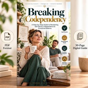 May include: A 50-page digital guide titled Breaking Codependency: A Step-by-Step Guide to Reclaiming Self-Worth, Independence & Emotional Balance. The cover features a person holding a mug with the text Stronger Brighter Freer.