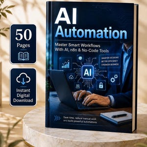 Könnte beinhalten: Ein Buch mit dem Titel AI Automation: Master Smart Workflows With AI, n8n & No-Code Tools. Das Cover zeigt eine Person an einem Laptop mit digitalen Symbolen und Text über Effizienz. Enthält 50 Seiten und einen sofortigen digitalen Download.