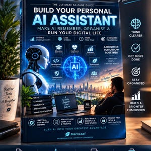 Puede incluir: Una guía de 50 páginas titulada Build Your Personal AI Assistant, que muestra una figura robótica, un cerebro digital brillante y una persona trabajando en un portátil. La portada incluye texto sobre productividad e IA, con el logo de MeritLeaf.
