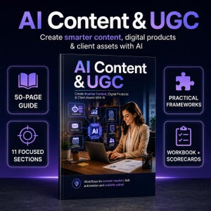 Op de afbeelding: Een digitale productgids getiteld AI Content & UGC met een omslagafbeelding van een persoon die op een laptop werkt. De gids bevat 50 pagina's, 11 gerichte secties, praktische kaders en een werkboek met scorecards voor contentcreatie.