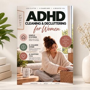Könnte beinhalten: Ein Buchcover mit dem Titel ADHD CLEANING & DECLUTTERING for Women. Es zeigt eine Person in einem beigen Pullover, die einen geflochtenen Korb ordnet. Der Text umfasst LESS CLUTTER, A CALMER MIND, A BRIGHTER YOU, SIMPLE SYSTEMS, A CALMER HOME und A HAPPIER YOU.