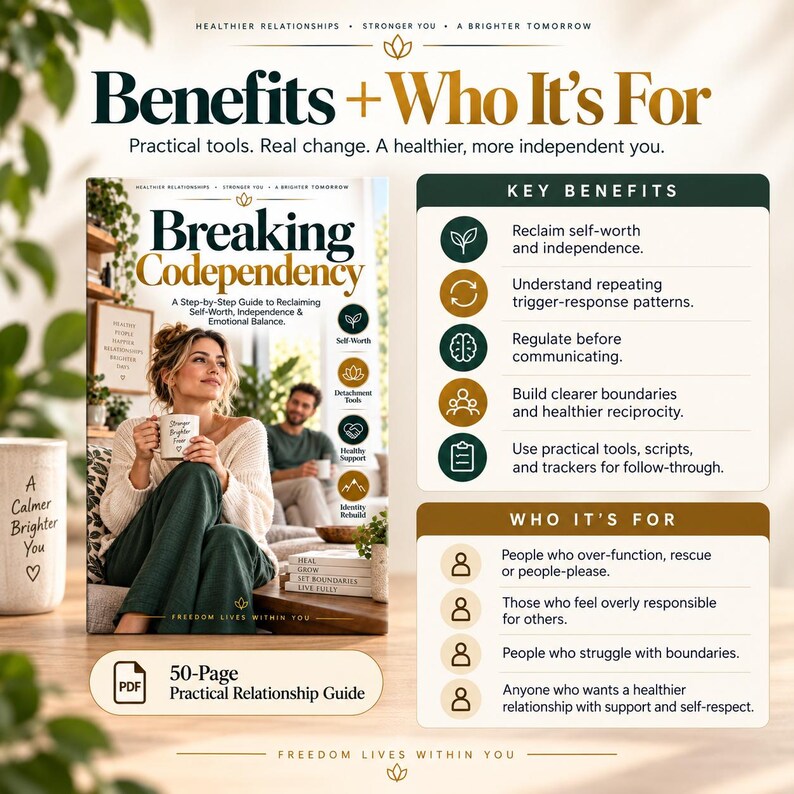 K&ouml;nnte beinhalten: Ein 50-seitiger PDF-Ratgeber mit dem Titel Breaking Codependency, dessen Cover eine Person mit einer Tasse zeigt. Das Dokument erl&auml;utert Vorteile wie die R&uuml;ckgewinnung des Selbstwerts und das Setzen von Grenzen f&uuml;r Menschen, die es anderen recht machen.
