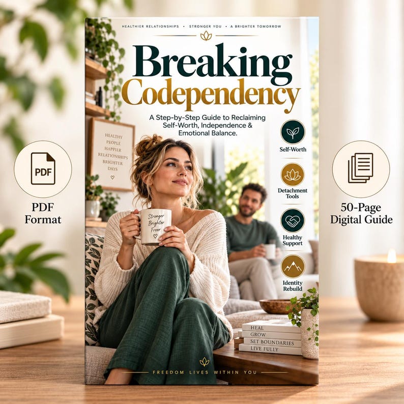 K&ouml;nnte beinhalten: Ein 50-seitiger digitaler Ratgeber mit dem Titel Breaking Codependency: A Step-by-Step Guide to Reclaiming Self-Worth, Independence & Emotional Balance. Das Cover zeigt eine Person, die eine Tasse mit dem Text Stronger Brighter Freer h&auml;lt.