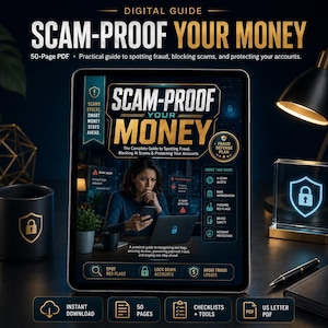 May include: A 50-page digital guide titled Scam-Proof Your Money, presented as a PDF. The cover features the text Scam-Proof Your Money, The Complete Guide to Spotting Fraud, Blocking AI Scams & Protecting Your Accounts, with icons for checklists, tools, and instant download.