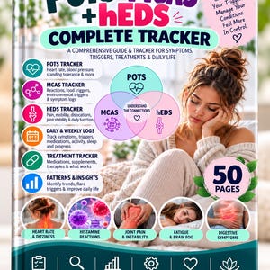 May include: A 50-page POTS + MCAS + hEDS Complete Tracker book with a teal and white cover. The cover features text, icons for tracking symptoms, triggers, and treatments, and a Venn diagram showing the connections between these conditions.