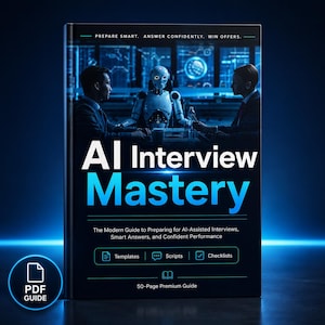 Könnte beinhalten: Ein Buch mit dem Titel AI Interview Mastery mit dunkelblauem Einband, das einen Roboter zwischen zwei Personen in Anzügen zeigt. Der Text lautet Prepare Smart. Answer Confidently. Win Offers. The Modern Guide to Preparing for AI-Assisted Interviews, Smart Answers, and Confident Performance. Enthält Vorlagen, Skripte und Checklisten.
