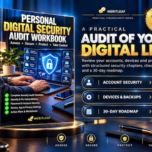 Cahier d'exercices d'audit de cybersécurité personnelle | Liste de contrôle de 50 pages sur les mots de passe, la confidentialité et la sécurité numérique (PDF)