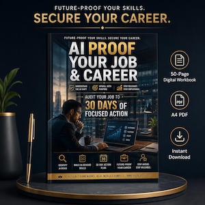 Op de afbeelding: Een digitaal werkboek van 50 pagina's getiteld AI Proof Your Job & Career, met een coverafbeelding van een persoon die op een laptop werkt. De tekst bevat Future-Proof Your Skills, Secure Your Career en Audit Your Job to 30 Days of Focused Action.