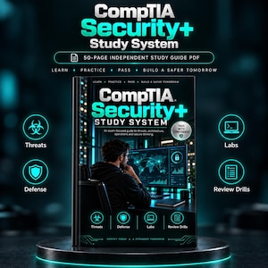 May include: A CompTIA Security+ Study System book featuring a 50-page independent study guide PDF. The cover displays the title, the text Learn, Practice, Pass, Build a Safer Tomorrow, and icons for Threats, Defense, Labs, and Review Drills.