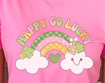 Happy-Go-Lucky St Patrick's Day Tee, Lucky Green Teacher Shirt, Rainbow Clover Retro, Positive Vibe T-Shirt