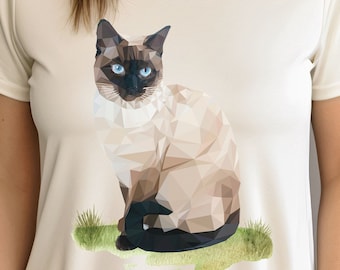 May include: A white t-shirt featuring a geometric design of a Siamese cat sitting on a patch of green grass.