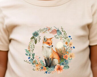 Camiseta infantil con estampado de zorro en acuarela y corona floral para la escuela o el juego.