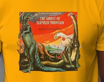 Monster Movie Dinosaur and Giant Chicken T-Shirt or Gift For Film Buff, Cinephile, Dinosaur Lover, Paleontologist, Stop-Motion Movie Fan.