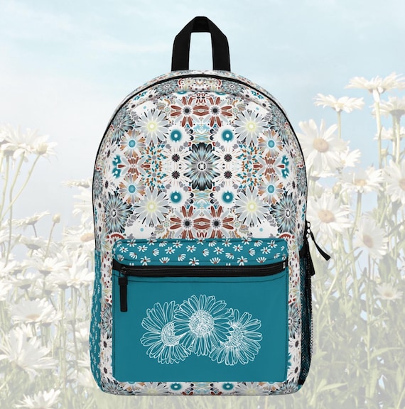 Bohemian Daisy Backpack, Teal Floral Travel Bag, School Work  display picture 2