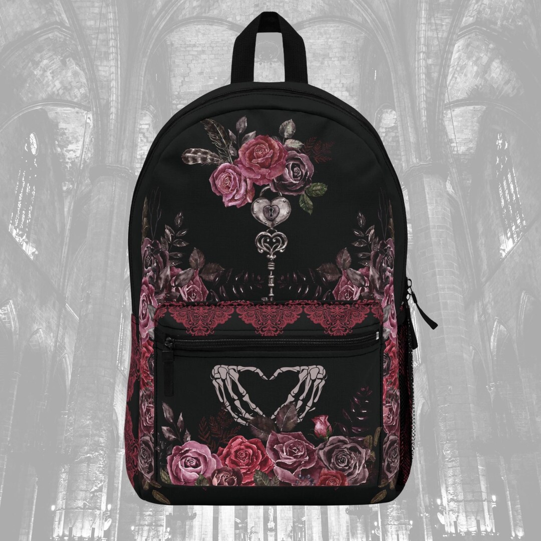 Skeleton and Roses Backpack, Gothic Aesthetic Book Bag, Deep Red and ...